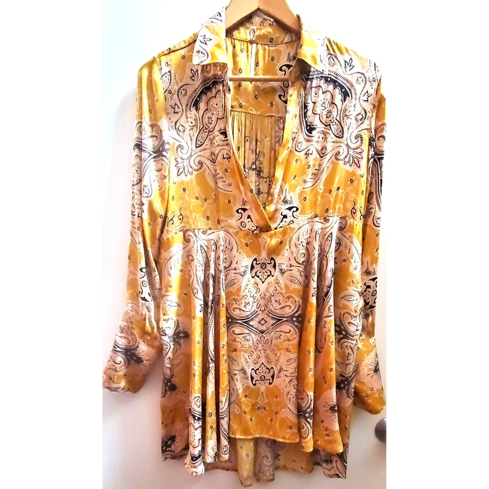 Free People Dress/Oversized Blouse Butterfly Paisley High Low V-Neck Gold/Brown